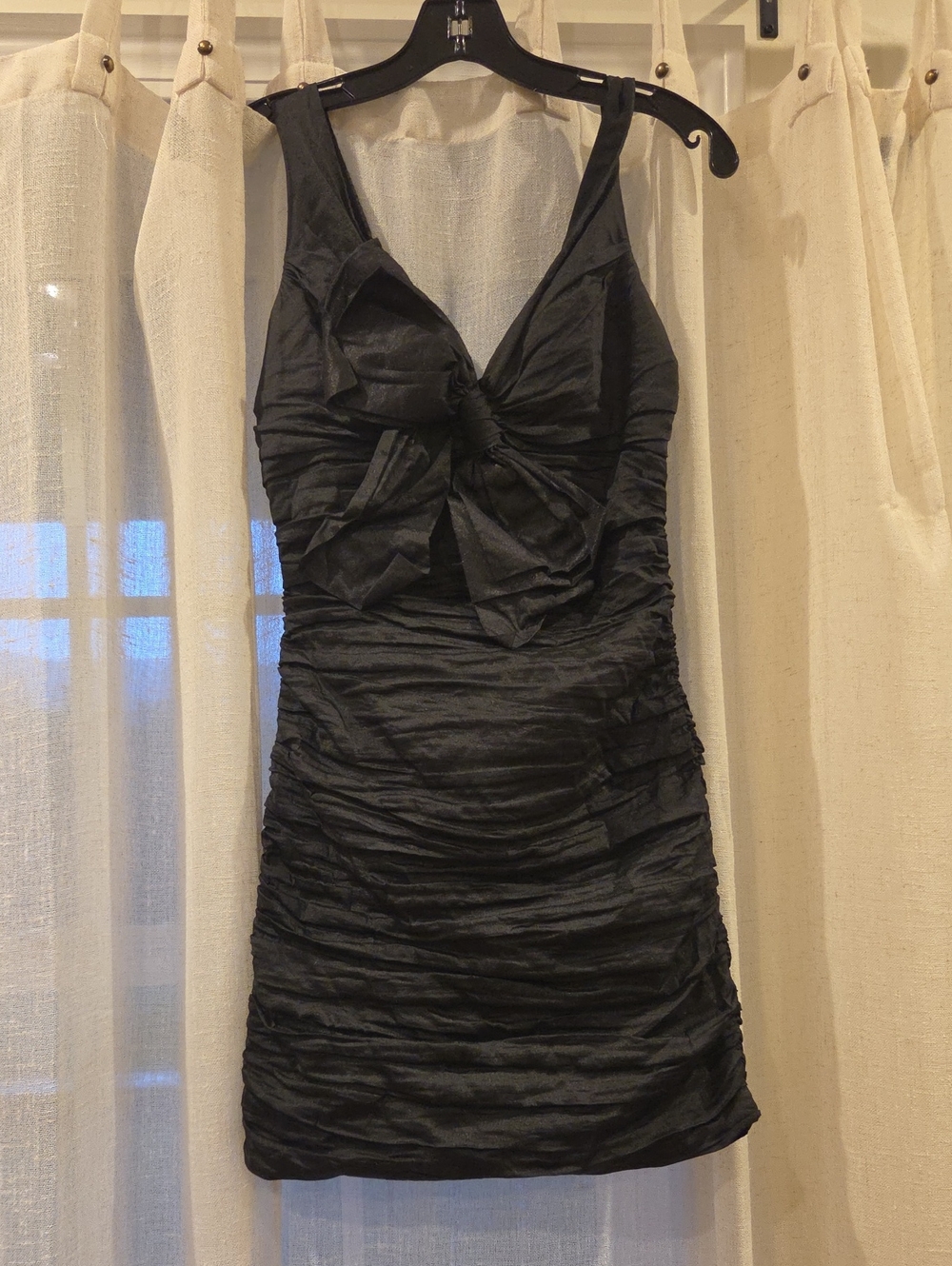 BCBGMaxAzria Black Ruched Mini Dress with Front Bow